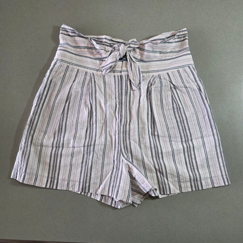 CeCe Women Striped Paperbag Waist Shorts Metallic Accents Size 14 Multi-Color